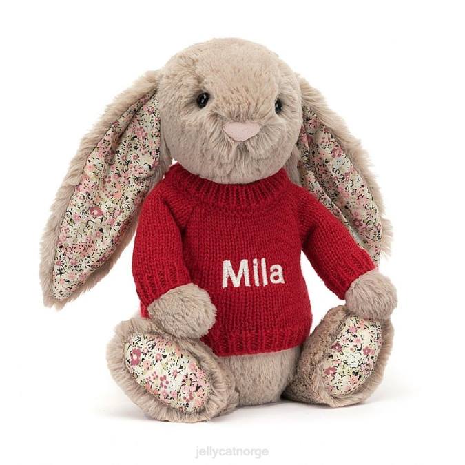 Jellycat blomst bea bunny med personlig rød genser beige leketøy 8RNH334