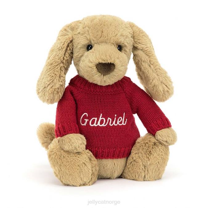 Jellycat bashful fløtekaramellvalp med personlig rød genser beige leketøy 8RNH158