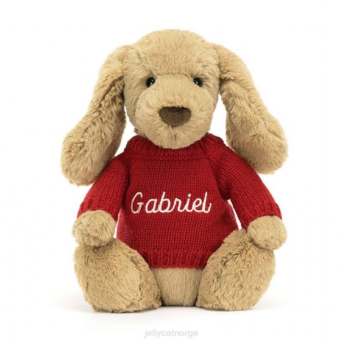 Jellycat bashful fløtekaramellvalp med personlig rød genser beige leketøy 8RNH158