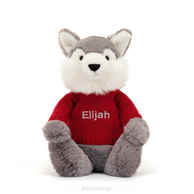 Jellycat bashful ulv med personlig rød genser grå og hvit leketøy 8RNH241